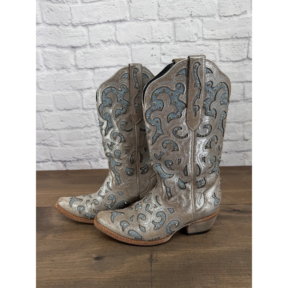 J.B. Dillon Bellflower Women's 8B Silver Leather Western Boots Blue Rhinestone - Picture 2 of 15